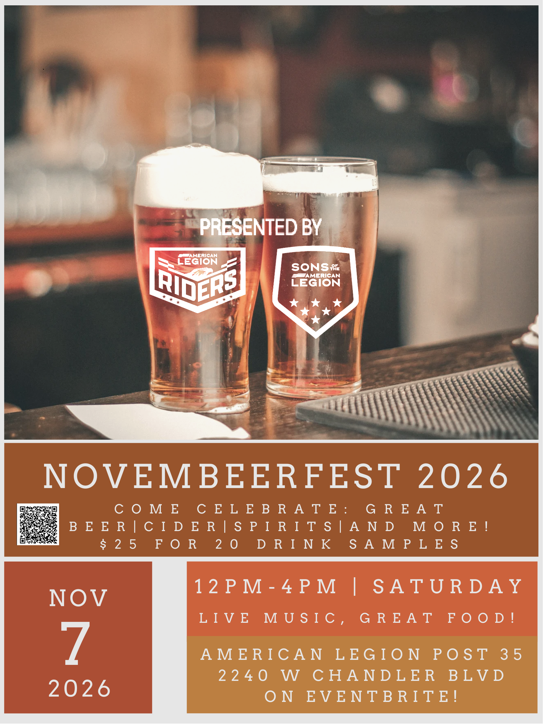 Novemberbeerfest 2026 — Nov 7, 2026 at American Legion Post 35, 2240 W Chandler Blvd. 12PM–4PM. Live music, great food. $25 for 20 drink samples.
